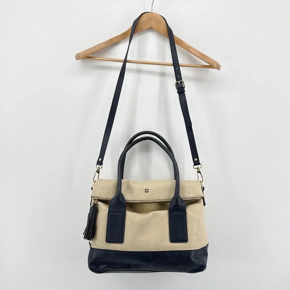 Kate Spade‎ Cobble Hill Small Adrien Leather Satchel Beige Navy Blue Crossbody